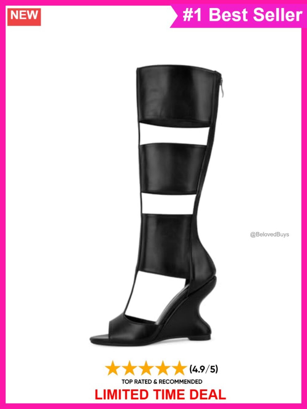 Faux Leather Cutout Knee High Wedge Sandals Gladiator Peep Toe
